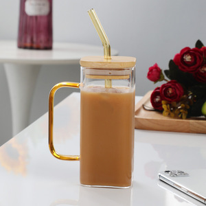 Offre Spéciale tasses à eau en verre borosilicaté de forme carrée pour café et thé au lait avec couvercle et <span class=keywords><strong>paille</strong></span> - Product Image 3