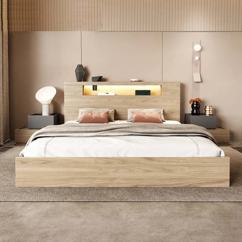 Lit double nordique de 1.8 mètres, tatami moderne et minimaliste de style japonais, chambre principale, rangement du sol au plafond, cadre de lit