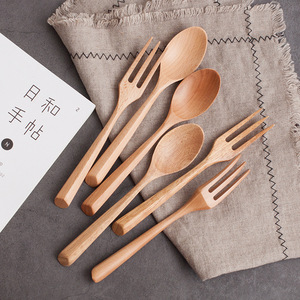 Japanese Style Wooden Spoon And Fork Set Solid Color Eco Friendly <b>Dessert</b> Fruit Coffee Utensils - Product Image 1