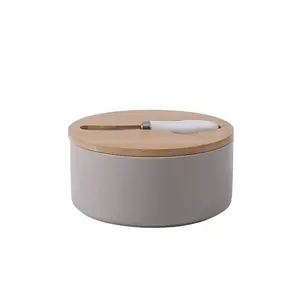 Wholesale Kitchenware Round Ceramic Butter Keeper Porcelain Butter Holder with Bamboo Lid and Steel Knife