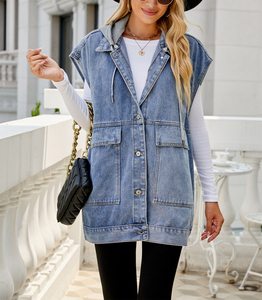 Loveda New Arrival Summer Y2K <strong>Denim</strong> Sleeveless <strong>Jacket</strong> Lapel Button Down Pocket Hood <strong>Denim</strong> Vest <strong>for</strong> <strong>Women</strong> - Product Image 1