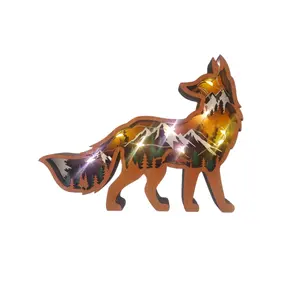 2023自制木制动物摆件雕刻工艺品原色创意光狐狸木制工艺