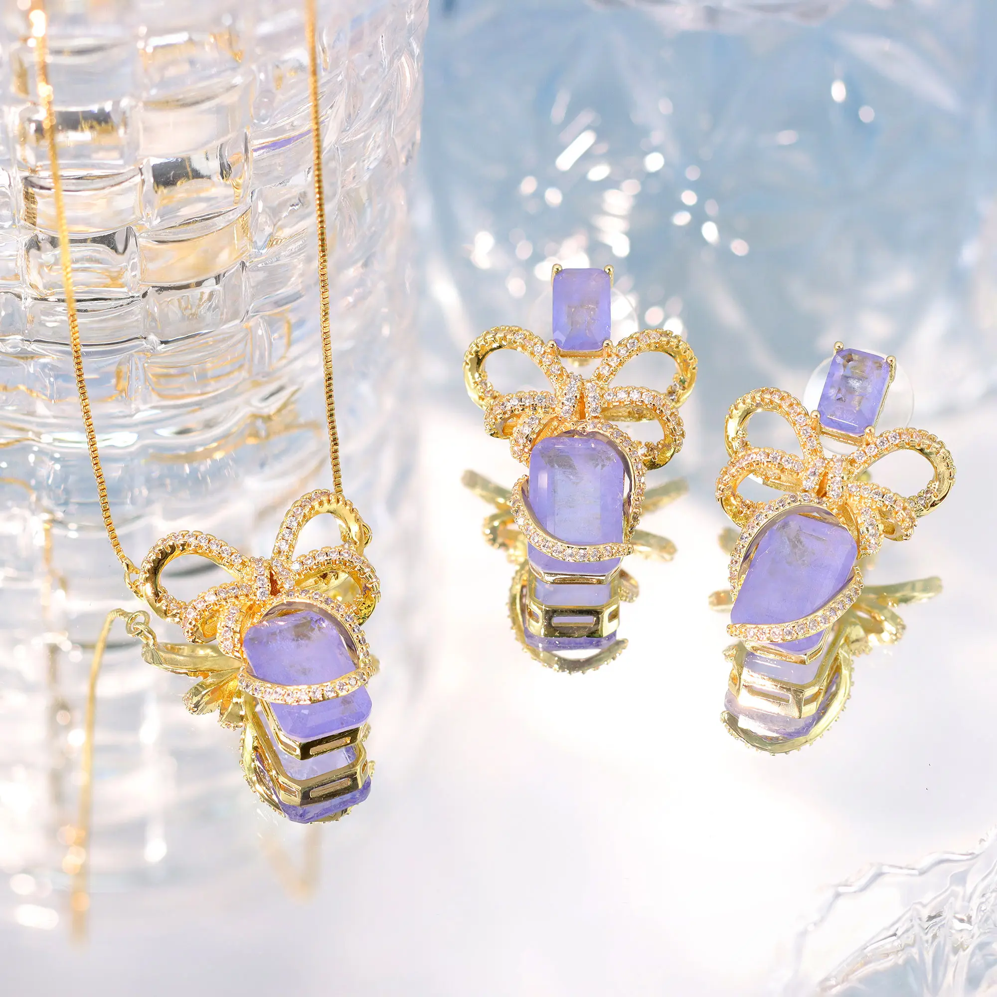 Luxury rectangular fusion stone Jewelry Sets pendant necklace earrings Sets