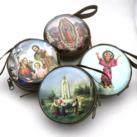 Boîte à pendentif chapelet catholique, boîte à monnaie, boîte en étain pour emballage, étui de rangement, sac à fermeture éclair, breloque de bagage