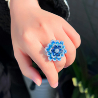 Bague Fleur Grande Taille Ajustable en Zircon Cubique Bleu de Luxe pour Femme, Accessoire de Robe de Mariée et de Soirée