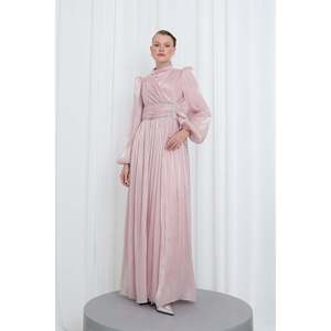 Robe de soirée longue plissée élégante pour femme Puane, teinte, à manches longues, col roulé et ceinture ornée de pierres, pour occasions spéciales - Product Image 1