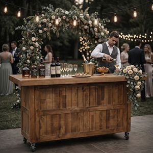Comptoir de <span class=keywords><strong>bar</strong></span> mobile en bois massif, modulaire, sur roulettes, pour location événementielle, <span class=keywords><strong>mariage</strong></span>, hôtel, banquet. - Product Image 1