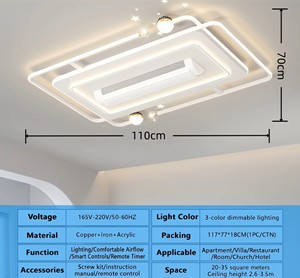 Ventilador de <span class=keywords><strong>Techo</strong></span> LED Moderno y Silencioso con Control Remoto, Tres Colores, Viento Fuerte, Antiparpadeo, Regulable, Alto CRI 90, para Hotel, Sala de Estar, <span class=keywords><strong>Dormitorio</strong></span> - Product Image 2