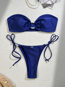 Ensemble bikini bandeau sans bretelles pour femme, orné de perles, avec anneau en O et liens latéraux, deux pièces en Spandex/Nylon – Vente en gros - Product Image 5