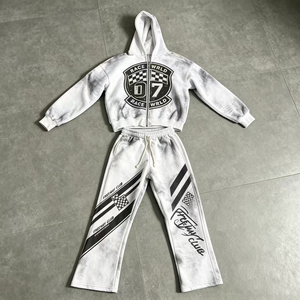 Ensemble de survêtement personnalisé OUNA pour <span class=keywords><strong>homme</strong></span>, sweat à capuche zippé et pantalon de jogging, motif graphique vintage délavé, en molleton de coton, style streetwear - Product Image 1