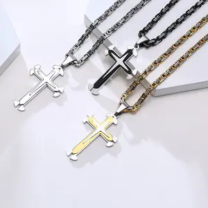 BES Hip Hop Men Stainless steel jewelry 18k Gold plated Byzantine chain king chains Cross Pendant Necklace