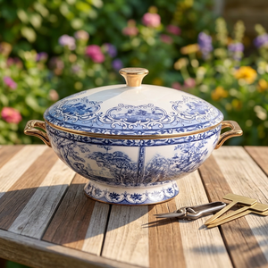 Soupière en céramique bleue et blanche classique de luxe sur mesure avec couvercle, motif paysager et bordure dorée, ensemble de vaisselle - Product Image 2