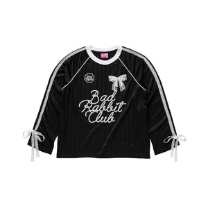 Noir Rabbit Jersey Regular Fit Striped Sheen Poly Spandex Long Sleeve T-Shirts With Center Front Embroidery And Sleeve Lace <b>Bows</b> - Product Image 1