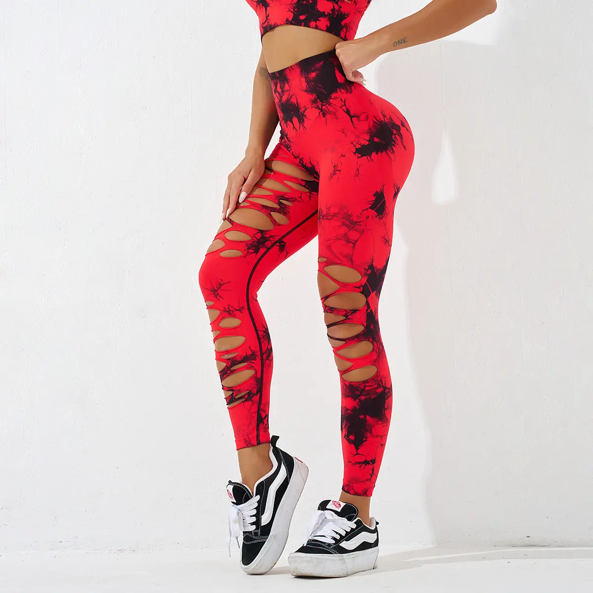 2024 Frauen neues Design Vier-Wege-Stretchy-Yogahose mit hoher Taille Skinny Hollowed Tie Dye Bedruckte nahtlose Gym Leggings