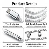 Earbud Kabel Tipe-C Model Kalung Fashion, Kabel TPE 1.2m, Headphone Stereo HIFI dengan Rantai Dekorasi Logam untuk Karaoke dan Penggunaan Sehari-hari