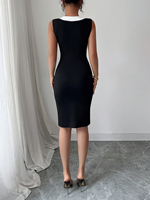 Robe midi moulante sans manches pour femme, noire et blanche, à blocs de couleur, col en V, avec détail boutonné, élégante pour le bureau, les fêtes ou les occasions décontractées