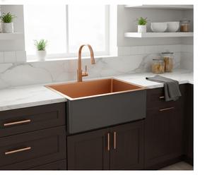 Évier de cuisine artisanal en cuivre, style ferme, avec façade en émail noir et finition plaquée cuivre, design martelé antique, à cuve unique - Product Image 3