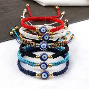 Pulsera de aleación tejida a mano con diseño de ojo malvado, brazalete ajustable de cuerda multicolor