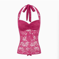 Vente en gros Personnalisé Rose vif Dentelle transparente Top Cami Halter Vintage Y2K Body Cami Bustier Froncé Tricoté Respirant Direct Usine