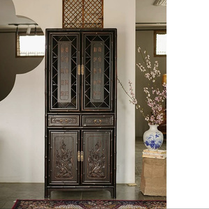 Bibliothèque classique en bambou, style chinois rétro, armoire de rangement sur pied avec portes et étagères pour la maison ou le bureau - Product Image 1