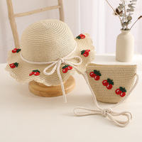 Conjunto de Sombrero de Paja de Ala Ancha y Bolso de Hombro con Diseño de Cerezas de Verano, para Adultos, Casual, para Viajes al Aire Libre, con Rayas, Lindo, Unisex, 3D