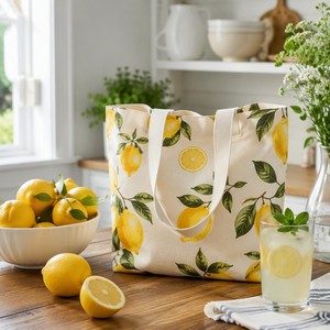 Lemon Print Canvas <b>Tote</b> <b>Bag</b> Funny Aesthetic Reusable Shopping Open Closure Vintage Blue <b>White</b> Porcelain Style Custom Wholesale - Product Image 6