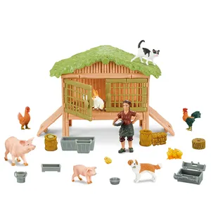 Model unggas plastik hewan babi betina kelinci set unggas domestik mainan permainan pertanian mini dengan petani