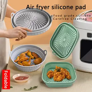 Air Fryer Silicone Liners Reusable, 7.5in Air Fryer Silicone Pot, Foldable Silicone Air Fryer Basket with Silicone Oven Mitts (Green)