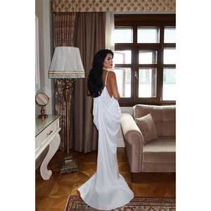 Long <b>White</b> Tulle Satin <b>Dress</b> Empire Waist Sequined <b>Draped</b> Ball Gown A-Line Straight for Formal Evening Bridesmaid Party XS XL - Product Image 1