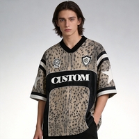 T-shirt en jersey à col en V personnalisé, motif imprimé léopard, coton rayé, logo brodé, t-shirt de haute qualité