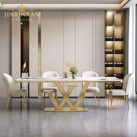 Table à manger rectangulaire en marbre avec base en acier inoxydable doré miroir, motif veine or blanc en forme de double V croisée, pour la maison, la cuisine et le salon