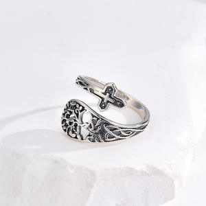 Gioielli Vintage 925 <span class=keywords><strong>argento</strong></span> Sterling albero della vita ossidato e croce anello aperto per le donne - Product Image 3