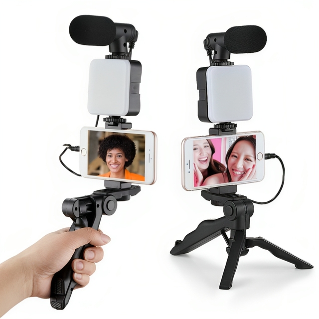 Photo Selfie Lamp Online Live Streaming Broadcast Smartphone Vlog Kit Video Recording Desktop Tripod Mount LED Light Microphone