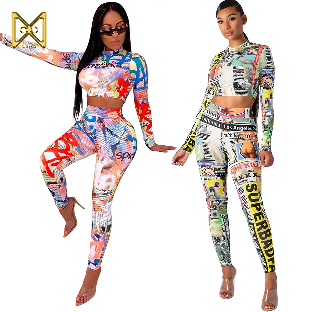 High Quality Women Printed Round Neck Long Sleeves And High Waist Full Sleeve Sport Pantsuit Tight Set Fall Two Piece Sets