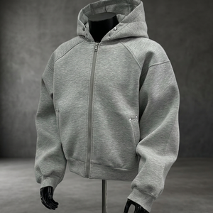 Men's Gray Hooded Zipper Sweatshirt Casual Regular Fit Solid Color Long Sleeve French Terry Hoodie Autumn Wear - Product Image 3