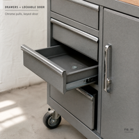 Armoire à outils roulante robuste avec multiprise intégrée, plateau en bois, chariot de rangement en acier gris pour garage et atelier