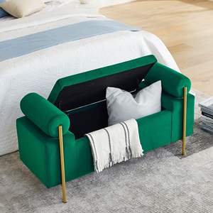 Banco de almacenamiento tapizado de terciopelo verde elegante DB con patas de hierro y brazos cilíndricos para pasillo, sala de estar, muebles de dormitorio - Product Image 2