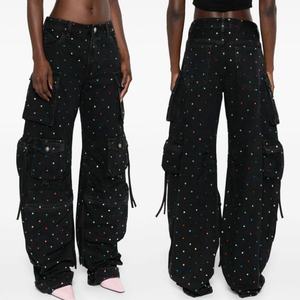 Jeans Anchos Negros con Pedrería de Colores, de Alta Calidad, para Mujer, con Múltiples Bolsillos, Estilo Cargo - Product Image 1