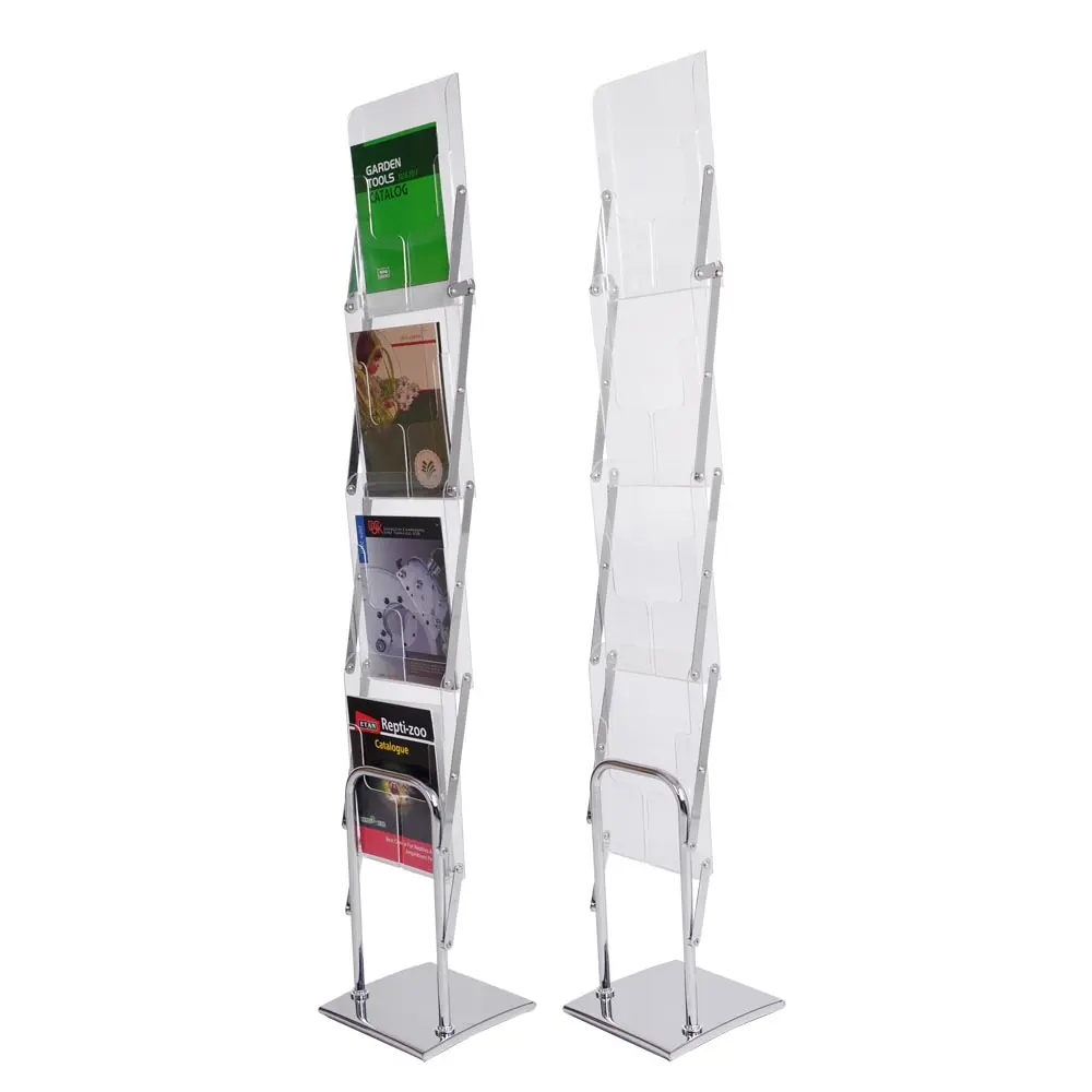 Soporte plegable de aluminio para Catálogo de revistas en zigzag, soporte para estante de folletos de tamaño A4 para publicidad promocional