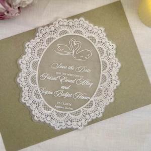 Carte d'invitation vintage ovale en polyester avec dentelle, impression par transfert thermique, personnalisée pour mariage, fête, dîner, table - Product Image 5
