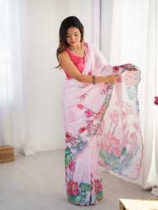 Sari en soie Georgette avec blouse non cousue, imprimé de fleurs, magnifique sari coloré avec travail de miroir pour femmes - Product Image 1