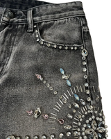 Short Streetwear Homme Vintage Délavé Rétro Effiloché avec Strass et Broderie Personnalisée