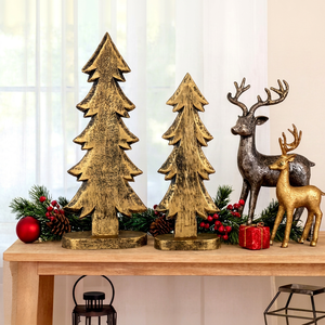 Juego de 2 árboles de Navidad de madera vintage dorados, adornos decorativos de mesa, decoraciones interiores rústicas, madera de mango tallada a mano, personalizadas - Product Image 1
