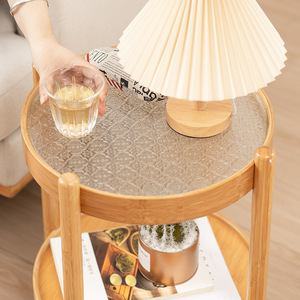 Round <b>Side</b> <b>Table</b> With <b>Glass</b> Top And Wood Frame For Living Room Sofa Coffee <b>Table</b> Storage Rack - Product Image 3