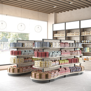 Estante de exhibición envolvente de esquina de arco de madera de acero resistente personalizable para estantes de aperitivos y librerías - Product Image 1