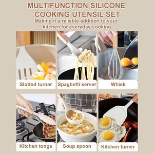 11pcs High-Temperature Silicone Kitchen Utensil Set Wooden Handle Non-Stick Frying Spatula Soup Spoon Kitchenware Cooking <b>Tool</b> - Product Image 4