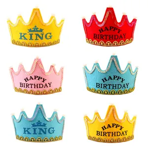 Customized Logo Kids King Tiara Cap Headband Sets Birthday Decoration Flashing LED Light Hats Colorful Princess Crown Party Hat