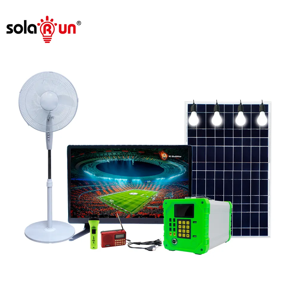 Solaire Courir PAYG Systèmes D'énergie Solaire À usage Domestique Payer au Fur et à mesure avec 4 lumières LED DC Ventilateur TV téléphone De Charge Hors zone de grille