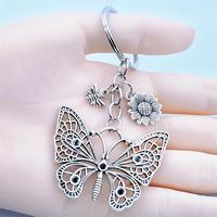 Porte-clés vintage en argent antique avec breloques papillon, tournesol et abeille, bijou fantaisie, cadeau pour femmes et filles