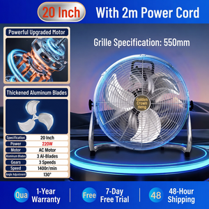 Ventilateur sur pied en métal de 20 pouces, moteur AC, 3 vitesses, hauteur réglable, économe en énergie, usage commercial, 220W, cordon d'alimentation de 2m - Product Image 2